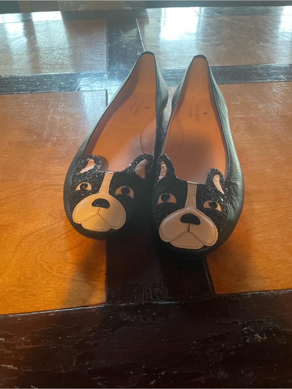 kate spade Black Leather Ballet Flats with Cat Face Appliqué, Size 8